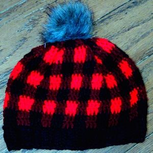 New handmade crochet Buffalo plaid beanie with faux fur pompom